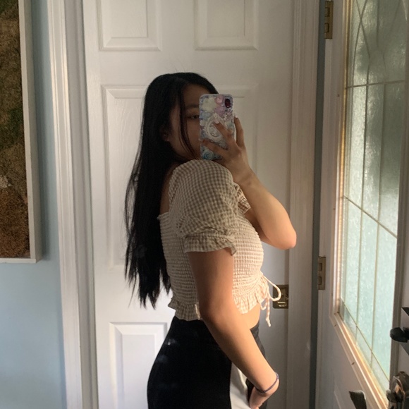 Tan Plaid Princess Sleeve Crop Shirt - Picture 4 of 7